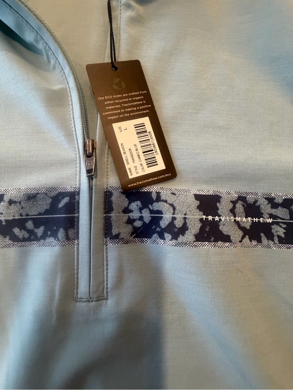 Men'TRAVIS MATTHEW Light Blue Quarter-Zip Pullover with Navy Stripe! L! New - Picture 6 of 8